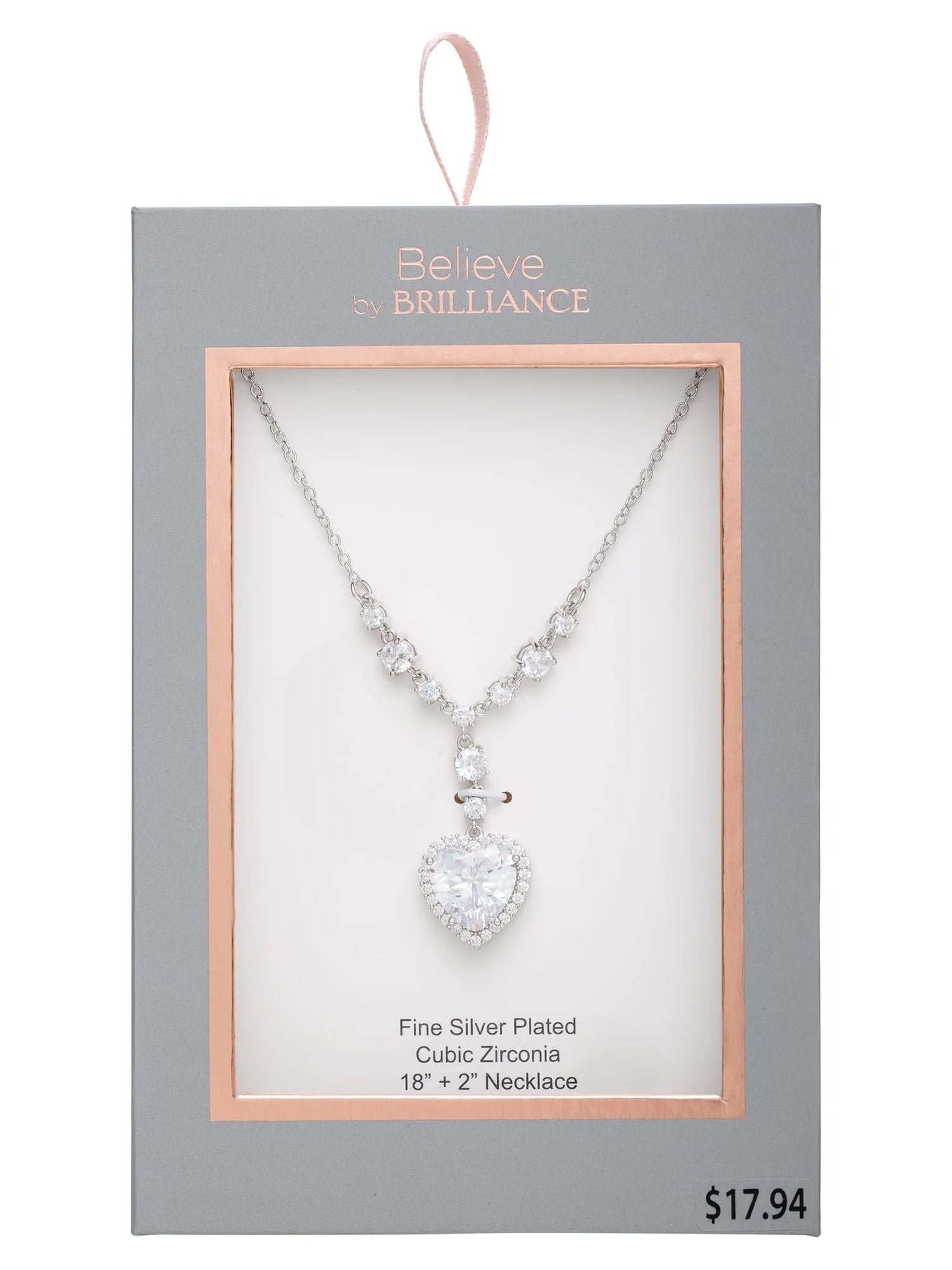 - Women'S Plated Cubic Zirconia Heart Pendant Necklace, 18"