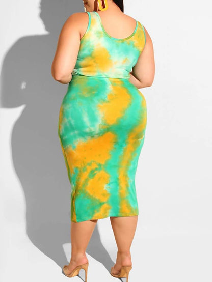 Plus Size Skirt Sets - Sexy Two Piece Outfits Tie Dye Tank Crop Top + Pencil Skirt Lake Blue 3X-Large