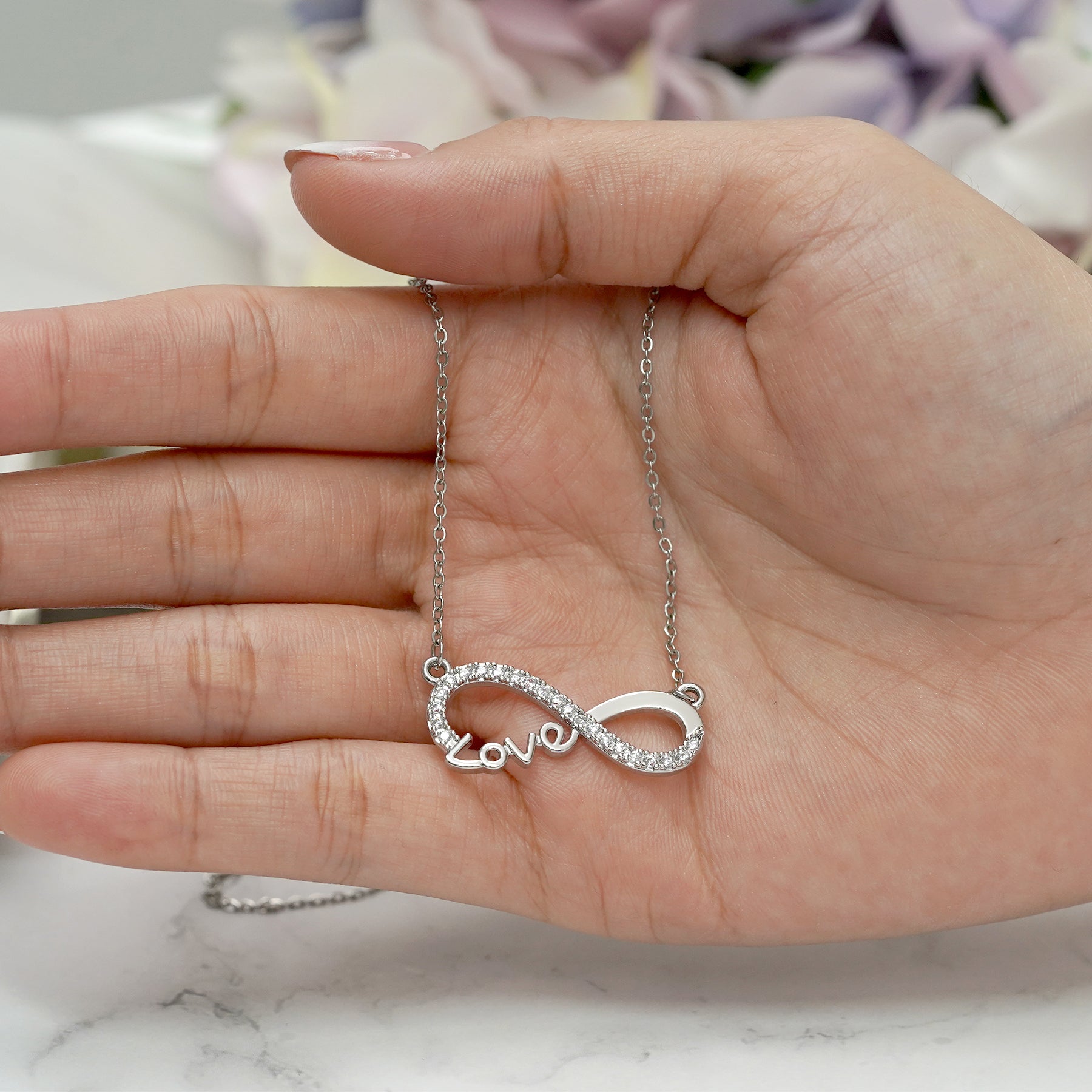 Infinity Love Pendant Necklace - Meaningful for Her - Anniversary Gift in 18K White Plated