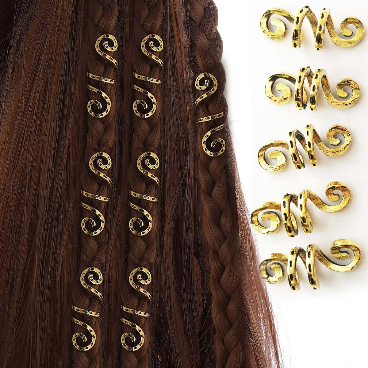 5Pcs Golden Viking Spiral Charms Hair Tubes Braid Dread Dreadlock Beads Clips Cuffs Rings Hair Accessories Woman