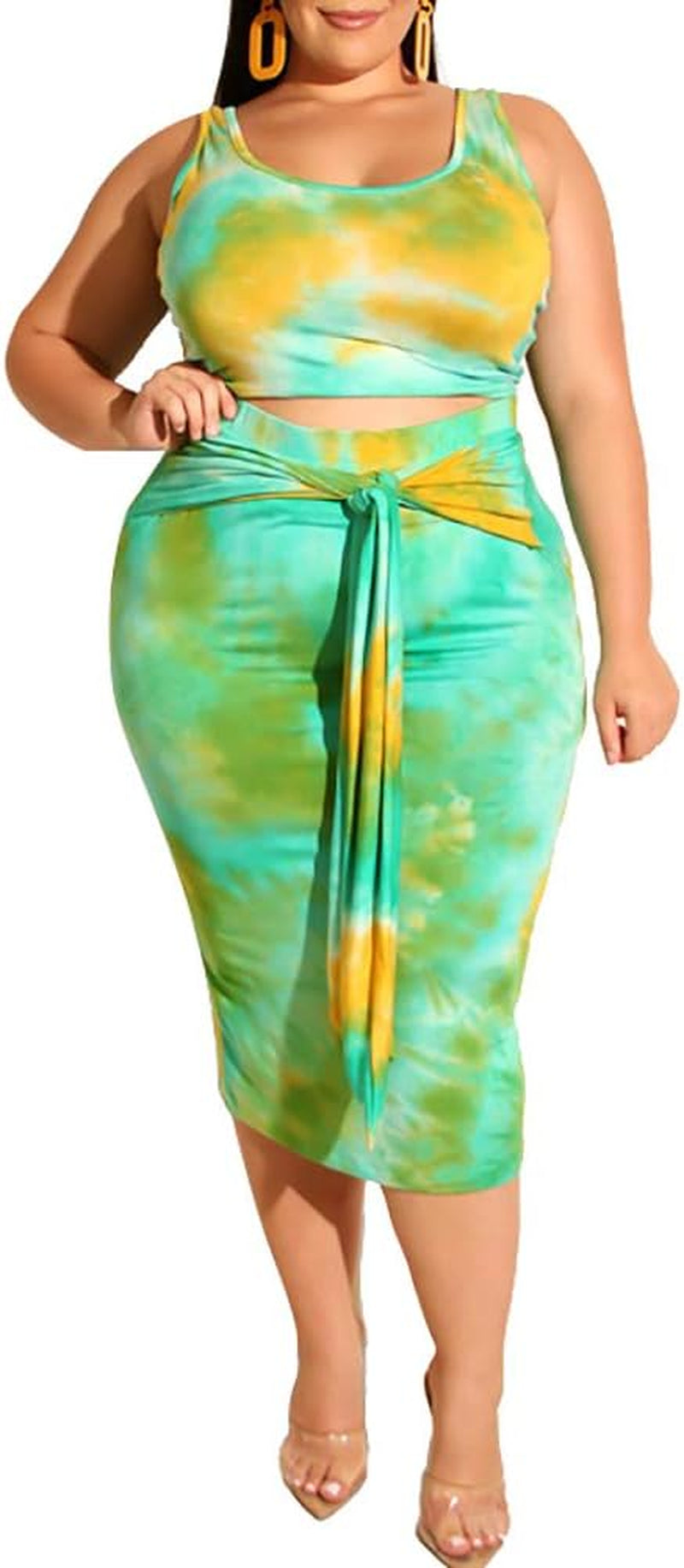 Plus Size Skirt Sets - Sexy Two Piece Outfits Tie Dye Tank Crop Top + Pencil Skirt Lake Blue 3X-Large