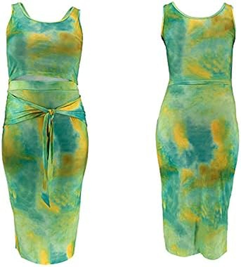 Plus Size Skirt Sets - Sexy Two Piece Outfits Tie Dye Tank Crop Top + Pencil Skirt Lake Blue 3X-Large