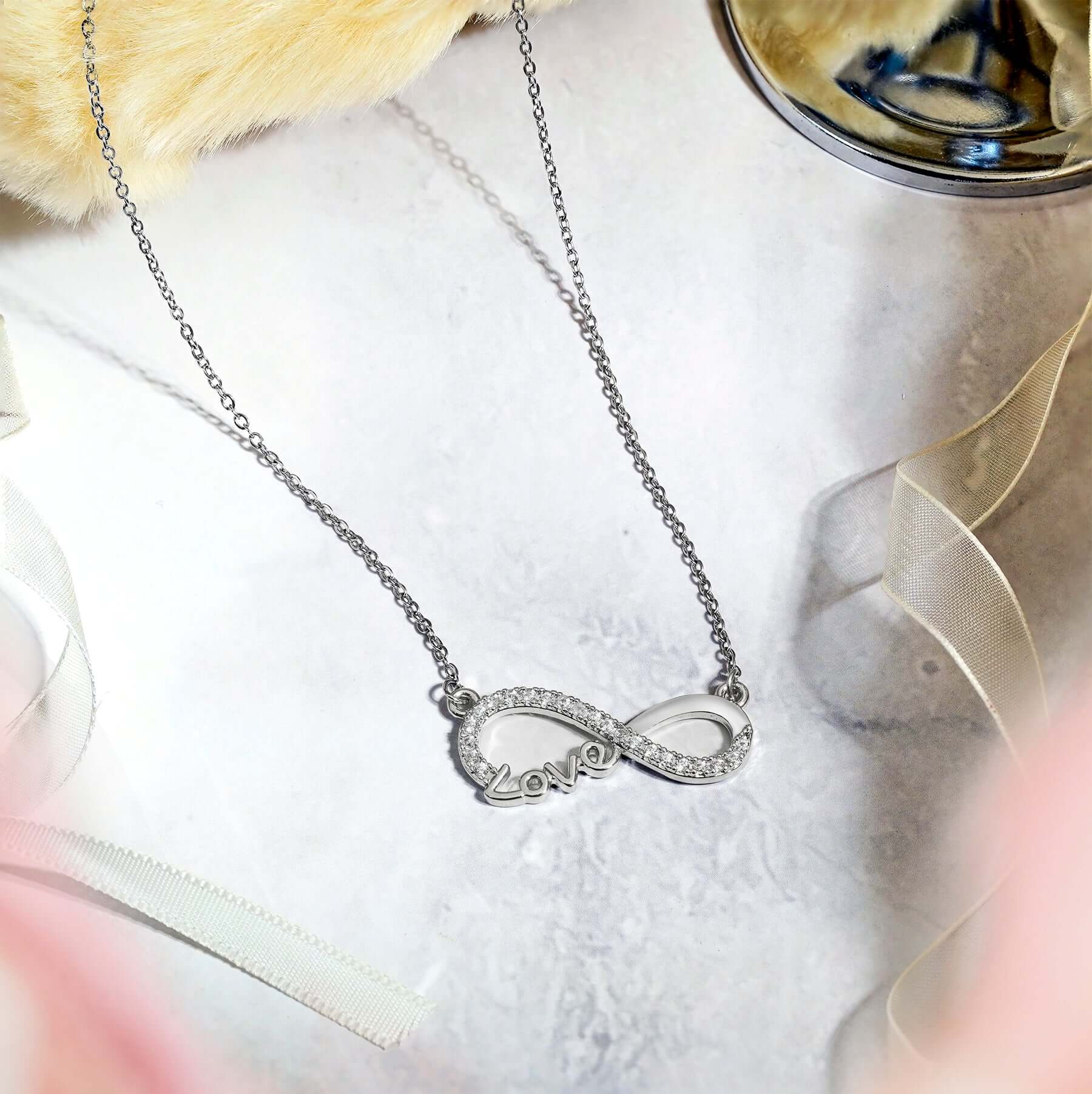 Infinity Love Pendant Necklace - Meaningful for Her - Anniversary Gift in 18K White Plated